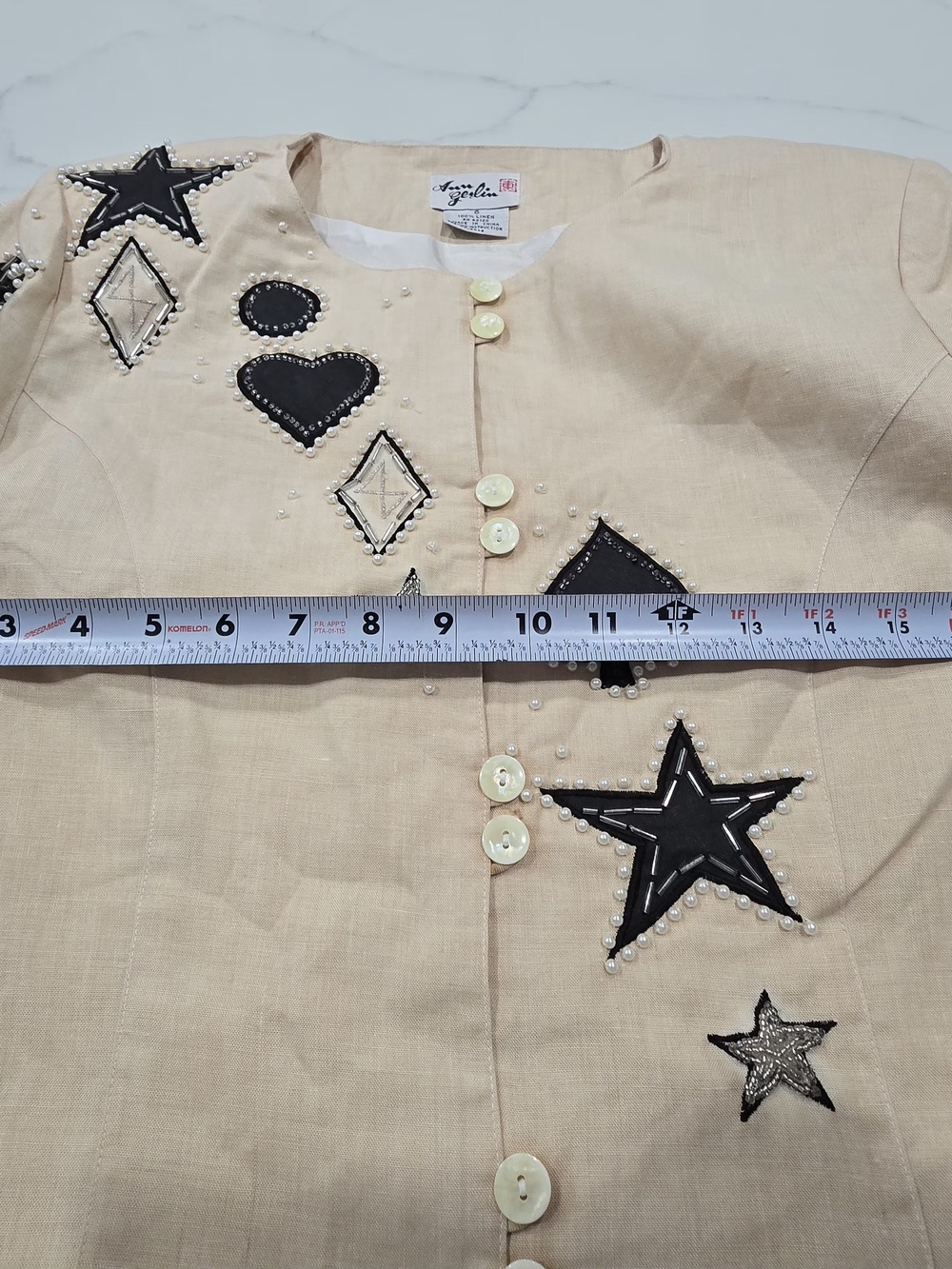 Vintage Ann Gerlin 100% Linen Beaded Skirt Suit Set Tan Stars Hearts Size 6 - Picture 15 of 16